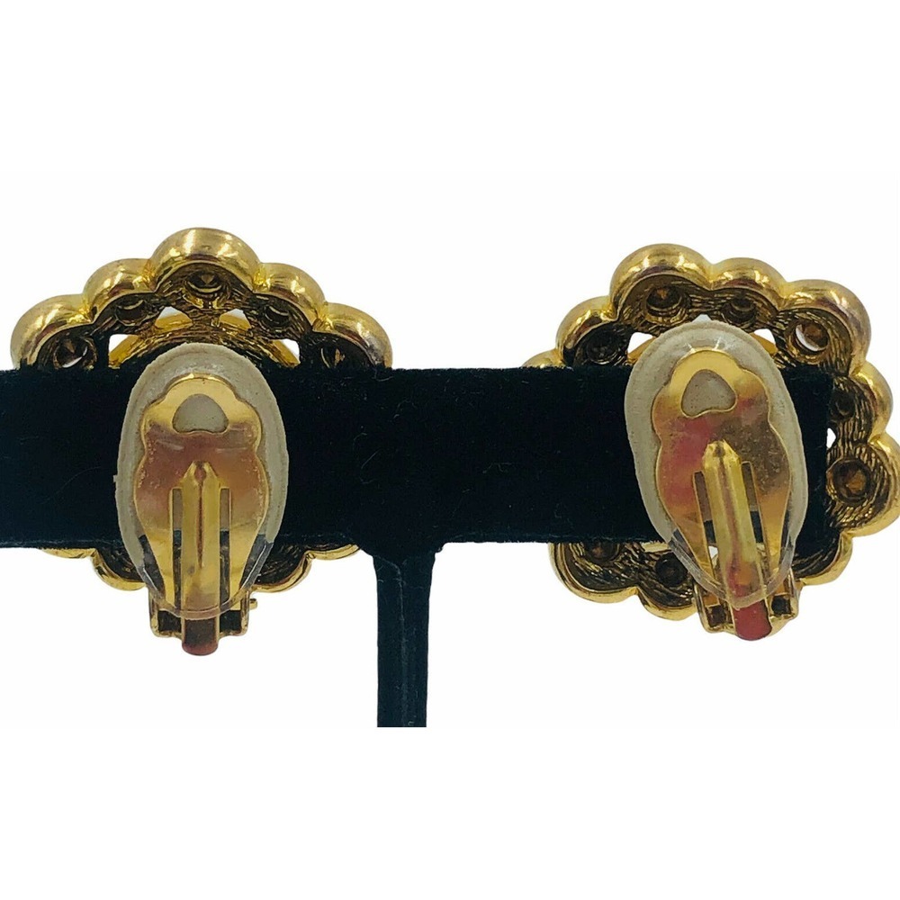 Gold Tone Crystal Cabochon Pearl Clip Earrings - Picture 3 of 10